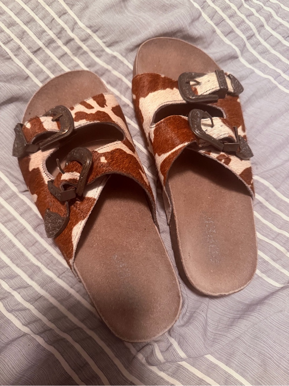 Brown and White Cowprint Slide Sandals with Buckle Straps size 7
